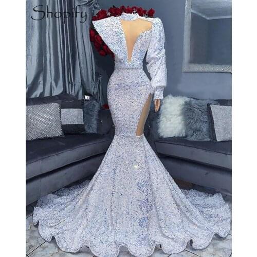 Elegant Long Sleeve Mermaid High Neck Prom Dresses 2021 White Sparkly Sequin Velvet African Black Girls Prom Party Gowns