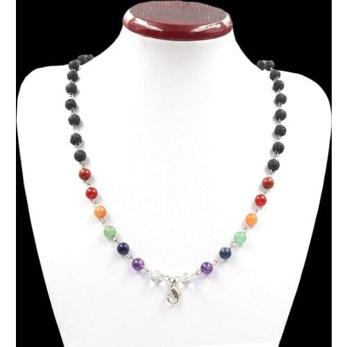 FYSL Silver Plated Black Lava Stone Round Beads Pendant Long Beads Chain Necklace Healing Chakra Jewelry