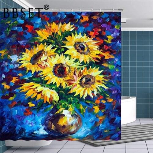 Oil Painting Shower Curtain Sunflower Painting In A Vase Pattern Waterproof Multi-size Douchegordijn Bathroom Decor with Hooks