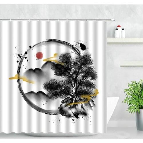 Chinese Style Ink Painting Scenery Printing Bathroom Shower Curtains Mountain Trees Creative Landscape Modern Decor Bath Curtain