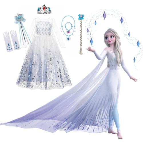 Snow Queen 2 Halloween Party Costume for Girls White Elsa Long Dress Princess Frozen 2 Vestido Disney Cosplay Carnival Clothing