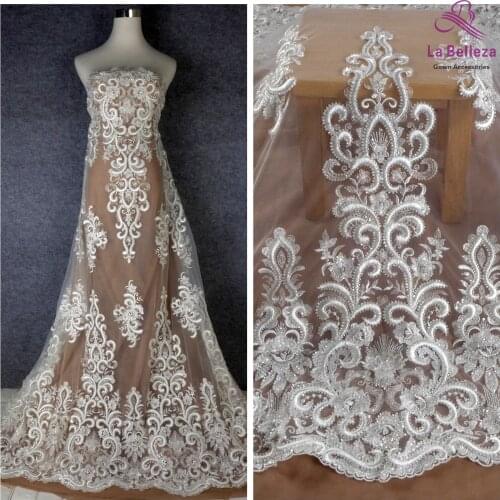 La Belleza 2021 fashion bridal lace,Ivoryheavy embroidery lace fabric,silver beading wedding dress lace fabric 51'' width 1 yard
