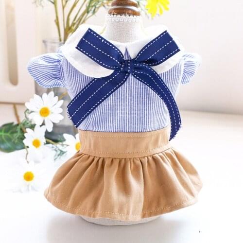 Doll Collar Cat Dress Dog Clothes Spring Autumn Bowknot Stripe Splicing Pet Clothing Wasp-waisted For Yorkshire Dog Costumes