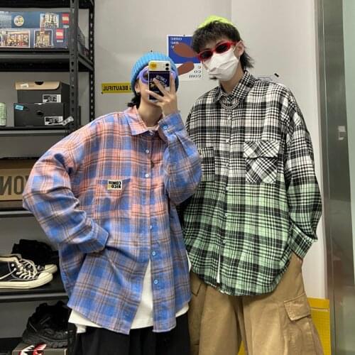 Plaid Shirt Mens long sleeve loose Street gradient shirt fashion brand ins tie dye 2021 spring and autumn couples coat