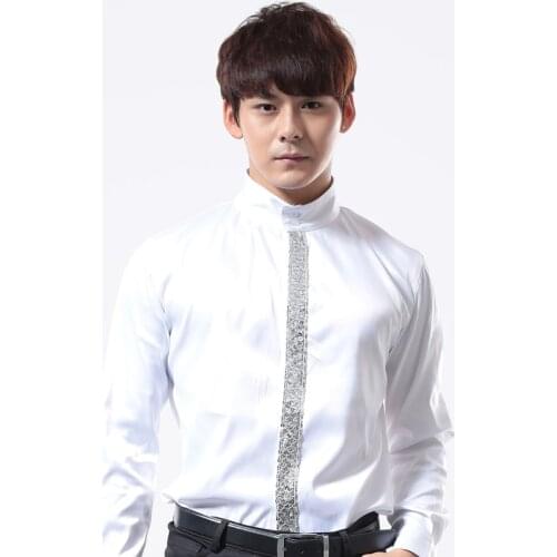 Men Tops Long Sleeve Sequin Nightclub Bar Jazz Dance Latin Dance White Shirt Male Stage Costumes For Singers Clothes DNV10069