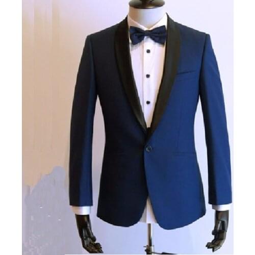 Custom Made Wedding Suits For Men Tuxedo Suit,Bespoke 2018 Fashion Dark Blue Two-Piece Suit Black Satin Shawl Lapel