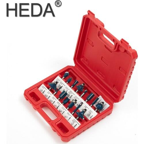 HEDA 15Pcs Woodworking Tools Set Wood Milling Cutter Router Bit Round Shank Different Angle For Shape Engraving