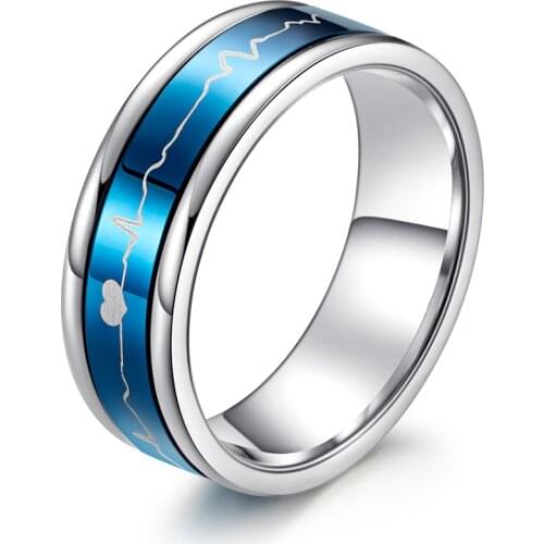 New ECG Heart Beat Love Rings For Men Women Black Blue Rotatable Spinner Ring Wedding Couple Ring Stainless Steel Jewelry