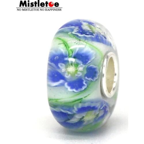 Mistletoe 925 Sterling Silver White With Blue With 3D Cherry Blossoms Flower Murano Glass Charm Bead European Jewelry