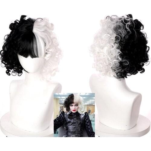 Movie Cruella Wig Half Black and White Wigs Cosplay Costume Cruella De Vil Women Short Curly Hair Party Halloween Wigs