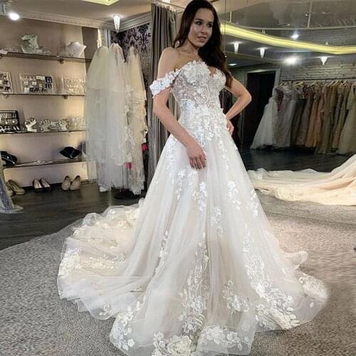 Amazing Off The Shoulder Wedding Dress Appliques A Line Wedding Gowns Sweep Train Lace-up Bridal Gowns Custom Made