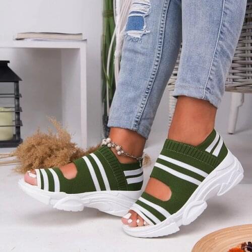 New Women Sandals 2021 High Heels Platform Women Shoes Summer Casual Female Sneakers Knitting Slip On Peep Toe Women Sandals
