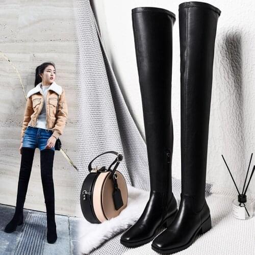 Over The Knee High Boots Women 4.5cm High Heels square Toe Party Shoes Woman Tight High Warm Winter Snow Boots Long Shoes