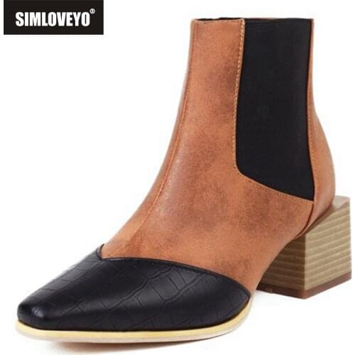 SIMLOVEYO 2021 Designer Ankle Boots Women Demin Pointed Toe Square Mid Heel Buckles Zipper Blue Brown Snake Big Size 48 S2450