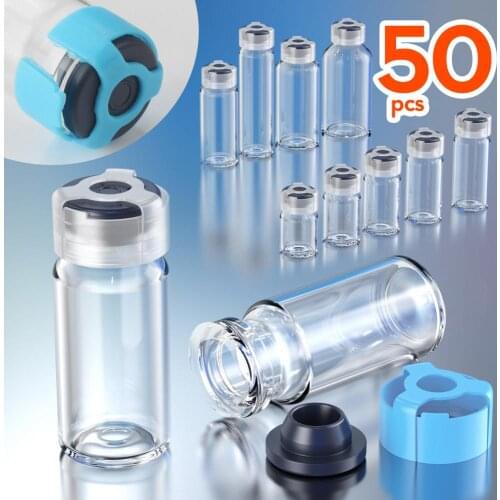 50pcs penicillin bottle glass bottle with rubber stopper and anti-sheft clasp 3ml, 5ml, 7ml,10ml, 15ml, 20ml,25ml,30ml jars