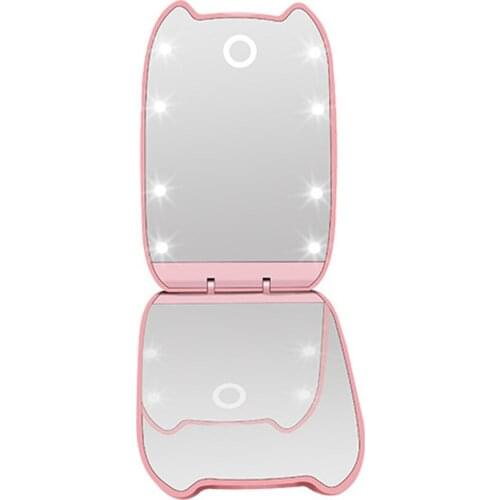 LED Makeup Mirror Portable Foldable 2X Magnification Touch Screen Cosmetic Mirror Cat ear Shape 2-Face Ladies Mirror
