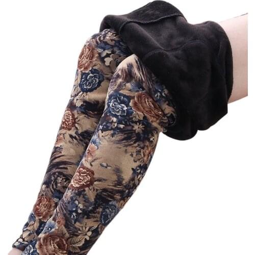 Woman Autumn Hot Sale Plus Velvet Elastic Waist High Print Thick Pencil Pants Lady Winter Bodycon Stretch Warm Down Trouses