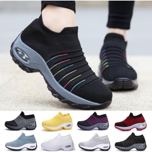 2021 Women Shoes Breathable Casual Flat Slip on Platform Shoes Tennis Mesh Sock Black Wedge Sneakers Women Zapatillas Aire Mujer