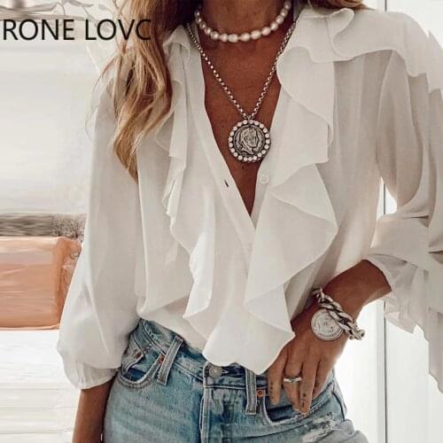Women Deep V-Neck Ruffles Button Design Long Sleeve Solid Tops and Blouses