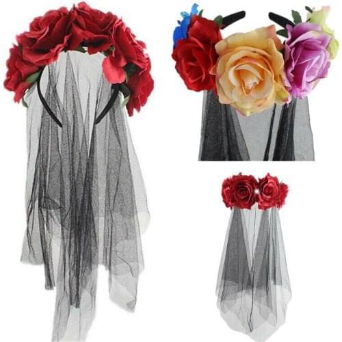 Women Girl Halloween Day of the Dead Evil Red Rose Female Headdress Fancy Dress Party Cosplay Clothes