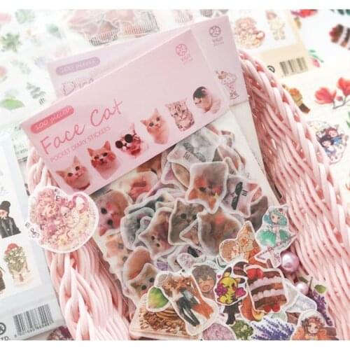 100pcs/set Sweet Pocket Diary Stickers Mini Cat Pet Leaves Flower Cake Paper Sticker DIY Adhesive Post Decoration Gift H6060