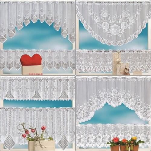 2Pcs European White Translucent Lace Coffee Curtain Warp Knitted Curtains Kitchen Tulle Lace Sheer Jacquard Bedroom Curtains