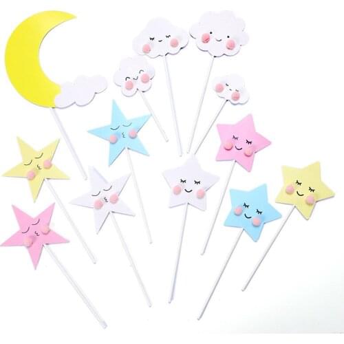 2pcs Baking Cake Decoration Fur Ball Smiley Face Five-pointed Nebula Cake Insert Card Birthday Party Decoration Set Gifts