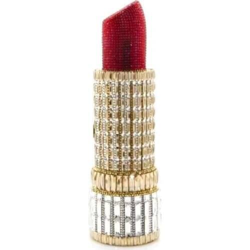 2021 Female Lipstick shape Gold Hot Pink Rhinestone Crystal Diamond Evening Bag Clutch Purse For Party Wedding Clutches Bags