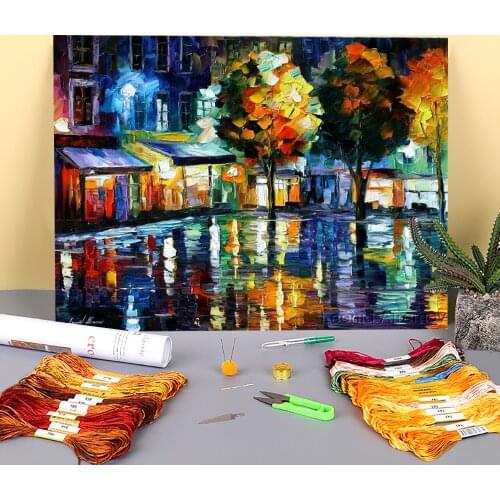 Afremov Night Shops Original A Printed Water-Soluble Canvas 11CT Cross-Stitch Set DIY Embroidery DMC Threads Adults