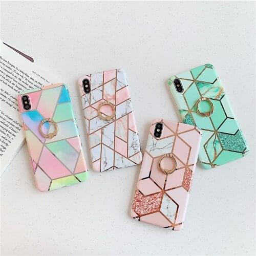 Geometric Marble Flower Phone Case For Samsung Galaxy A51 A50 A70 A40 Note 10 Plus S8 S9 S10 Plus S20 Soft IMD Ring Stand Cover
