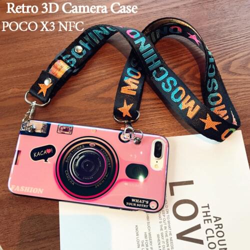 POCO X3 Phone Case Retro 3D Camera Cover with Strap For Xiaomi POCO X3 NFC Original Luxury Silicone Soft Back Cover Poco x3 nfc