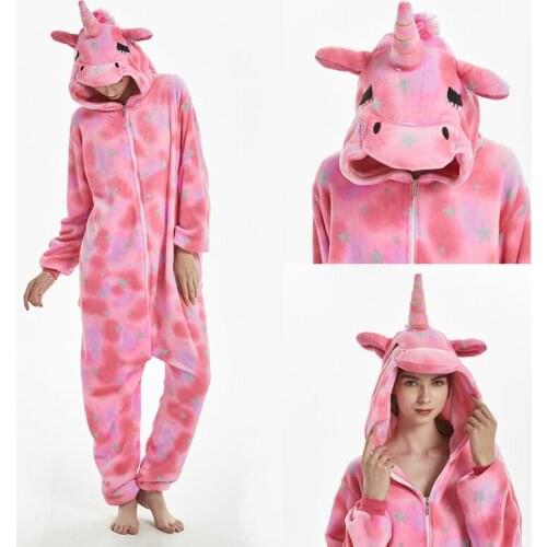 Halloween Cute One Piece Kids Pink Unicorn Hooded Flannel Warm Soft Kigurumi Pajamas Mother and Me Onesies Adult Sleepwear