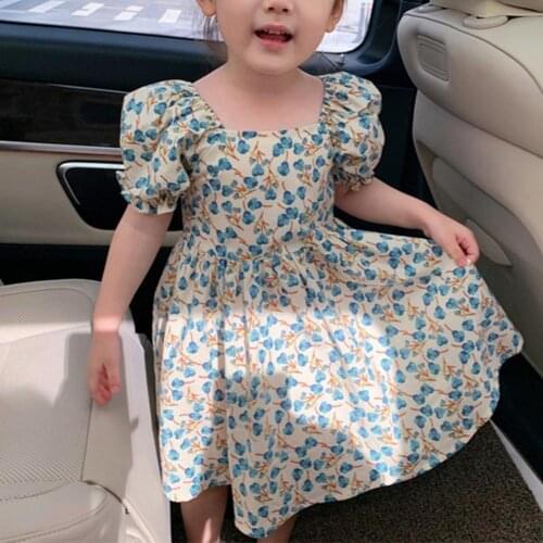 Girls Casual Short Sleeve Dress Kids Floral Print Cotton Square Neck Large Hem Dress for Outdoor Picnic Photography Clothes