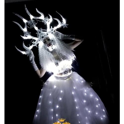 Nightclub DS white LED headgear costumes White Antlers Queen Dance costume club party girl dance wear