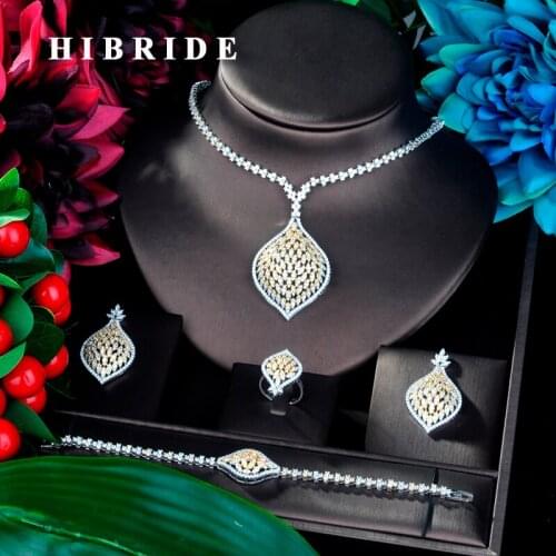 HIBRIDE Fashion Big Long Pendant Double Tone Jewelry Set CZ Earrings Necklace Women Bridal Jewelry Set Party Gifts N-907