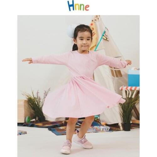 Hnne 2021 Spring New A-line T-shirt Dresses Girls Long Sleeve Pleated Solid Color Comfortable Dress HJ151233