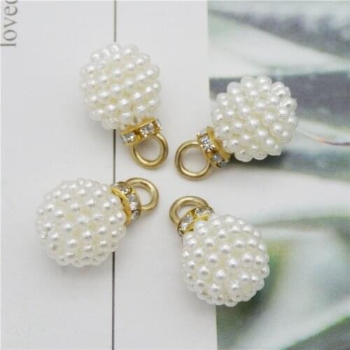 Julie Wang 20PCS 14mm Man-made White Pearl Charms Alloy Cap With Rhinestone Pendants Bracelet Earrings Jewelry Making Accessory