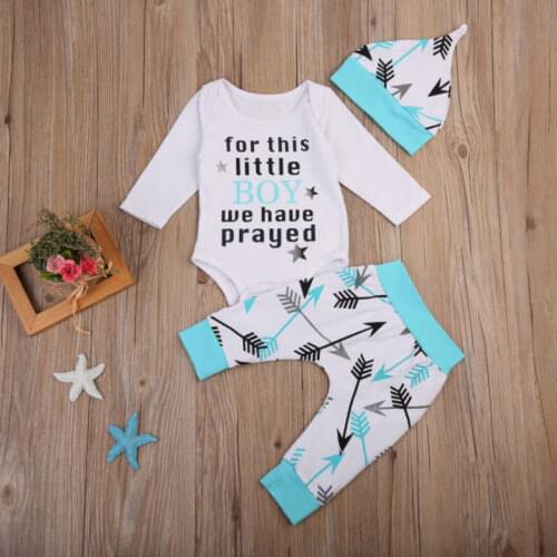 Baby Boys Letter Printed Romper + Arrow Pants Infant Hat Newborn Outfits Kids Clothes Set 3Pcs Baby Clothing