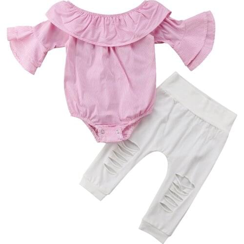 Spring Autumn Lovely Pretty Toddler Baby Girls Sets 2PCS Long Flare Sleeve Pink Plaid Romper Tops White Hole Pants 0-24M