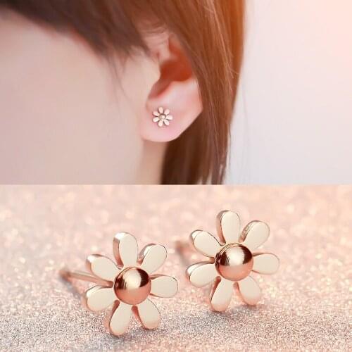 Newest Rose Gold Color Quality Stainless Women Sunflower Cute Women Stud earrings/ Cheap Girls Stud Earrings