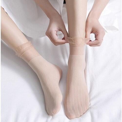 New Fashion Gentle Women Spring Summer Lace Crystal Glass Silk Ultrathin Transparent Sweet Solid Color Girl Tube Loose Socks