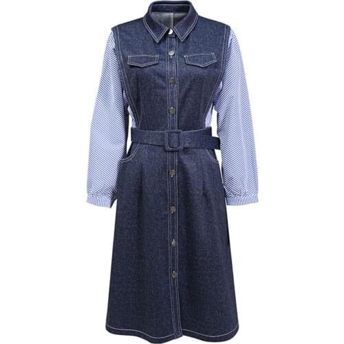Autumn winter women denim one-step dress European American casual fashionable new Belt patchwork striped Loose Mid length Dress