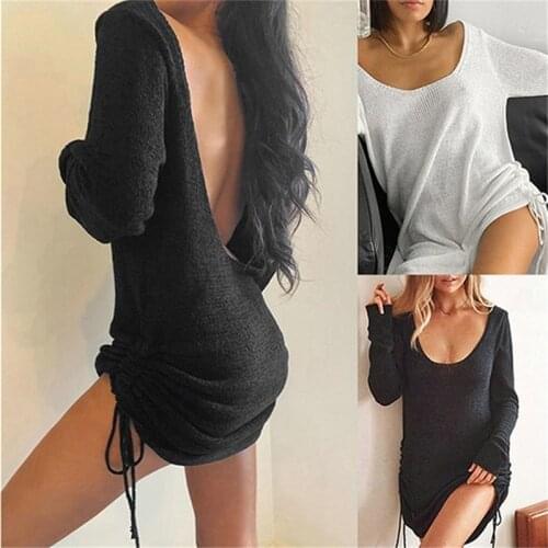 Autumn Women Sweater Dress Sexy U-neck Halter Drawstring Solid Color Sweater Dress 2021 New Hot Sale Dress