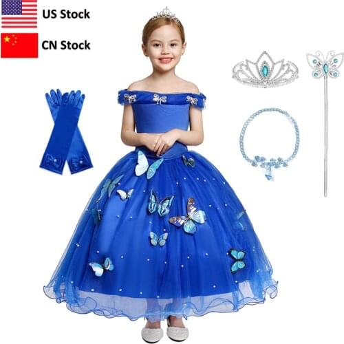 Cinderella Fancy Girl Blue Evening Tulle Long Dress Elegant Girls Tutu Party Night Carnival Kids Princess Costume