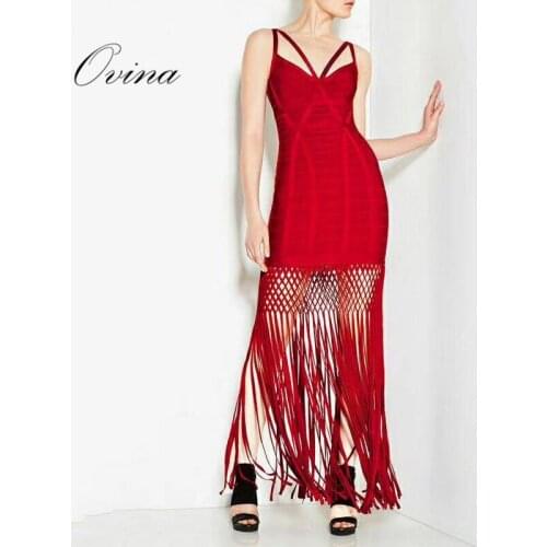 High Quality Celebrity Sleeveless Grid Tassel Ankle Length Bandage Women Dress Evening Party Dress