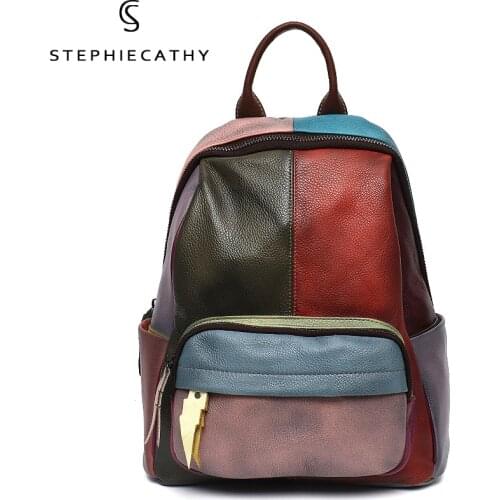 SC Retro Women Genuine Leather Backpack Luxury Colorful Patchwork Multi Pockets Knapsacks Large Soft Casual School Shoulder Bags