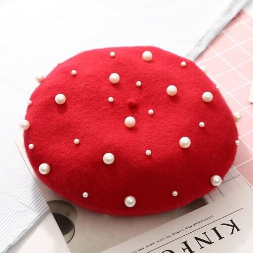 Wool Women Winter Berets Luxury Pearl Rivet Vintage Cashmere Female Warm Beret Hats Girls Flat Cap Beret for Women