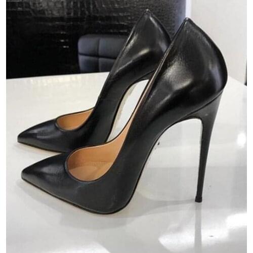 Woman Sexy Celebrity Black Matte Leather High Heels Thin Heels Dress Heels Office Pump8 cm 10 cm 12cm Party Pointed Toe Shoes
