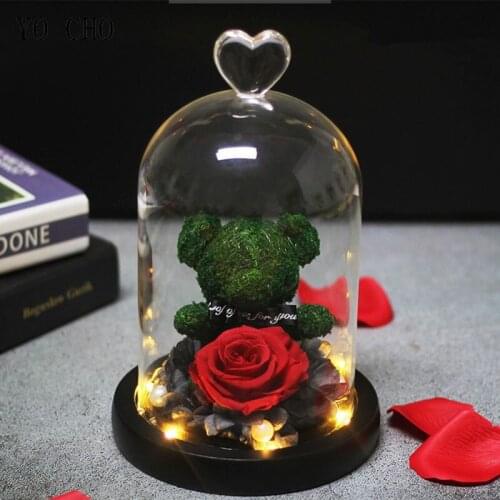YO CHO Teddy Bear Guard Real Rose In Glass Cover Christmas Valentines Gift Wedding Room Decor Everlasting Preserved Rose Flower