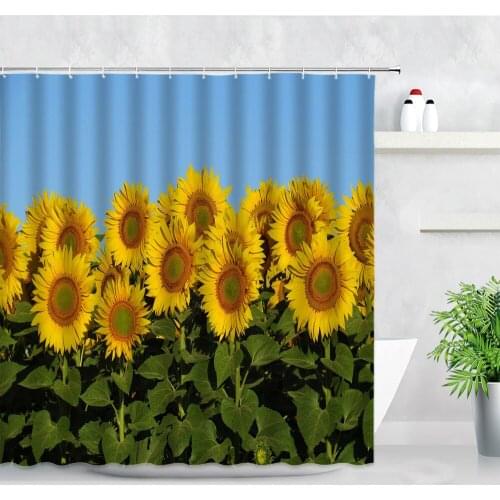 Yellow Sunflower Shower Curtain Pink Lotus Daisy Flowers Plant Green Leaves Rural Scenery Bathroom Decor Cloth Bath Curtains Set